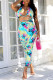 Blue Sexy Print Tie Dye Backless Strap Design Halter Sleeveless Dress