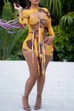 Light Green Fashion Sexy Print Bandage Hollowed Out O Neck Long Sleeve Dresses