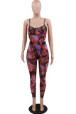 Red Sexy Print Patchwork See-through Spaghetti Strap Sleeveless Two Pieces