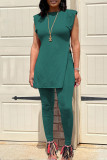 Ink Green Fashion Casual Solid Slit O Neck Sleeveless Two Pieces