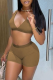 Khaki Sexy Solid Split Joint V Neck Sleeveless Two Pieces