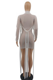 Blue Sexy Solid Bandage Patchwork See-through O Neck Pencil Skirt Dresses