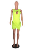 Fluorescent Green Fashion Sexy Solid Hollowed Out O Neck Sleeveless Dress