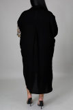 Black Fashion Casual Plus Size Print Split Joint Turndown Collar Shirt Dress