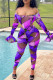 Purple Fashion Sexy Print See-through Backless Off the Shoulder Long Sleeve Two Pieces