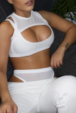 White Sexy Solid Hollowed Out Patchwork O Neck Tops