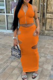Red Sexy Solid Hollowed Out Zipper Collar Sleeveless Two Pieces
