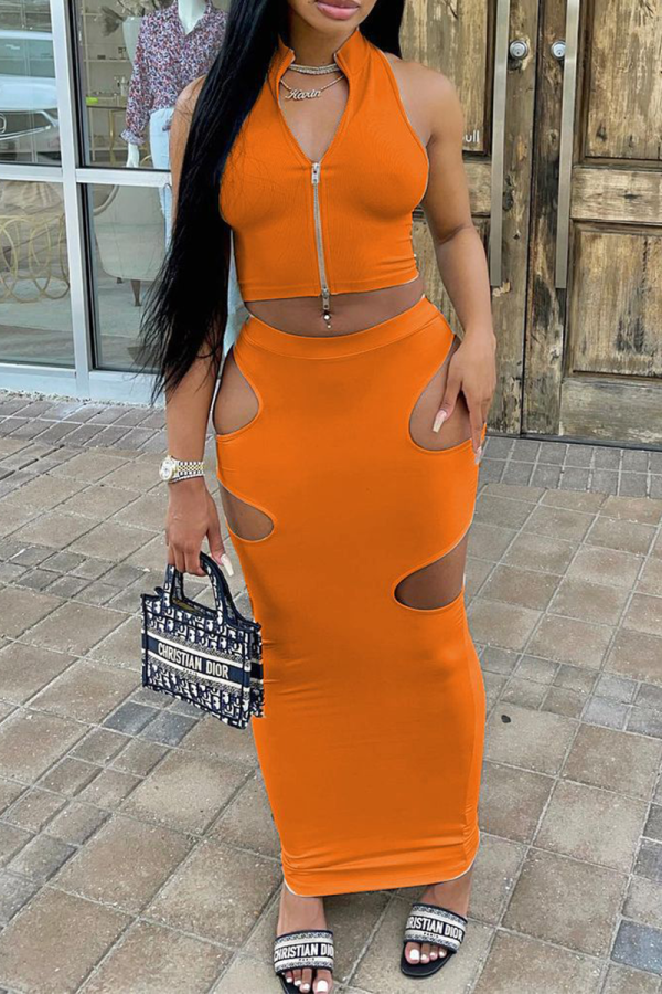 Tangerine Red Sexy Solid Hollowed Out Zipper Collar Sleeveless Two Pieces