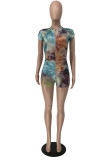 Multicolor Fashion Casual Tie Dye Printing Zipper Collar Skinny Romper