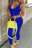 Blue Sexy Solid Patchwork V Neck Skinny Jumpsuits