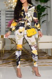 Black White Casual Print Patchwork Turndown Collar Long Sleeve Two Pieces