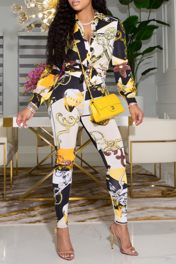 Black White Casual Print Patchwork Turndown Collar Long Sleeve Two Pieces