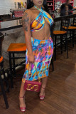 Multicolor Fashion Sexy Print Backless Halter Sleeveless Two Pieces