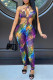 Peacock Blue Fashion Sexy Print Hollowed Out Backless Halter Skinny Jumpsuits