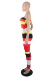 Red Fashion Sexy Striped Print Backless Strapless Regular Jumpsuits