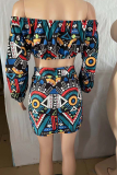 Blue Bohemian Print Split Joint Strapless Long Sleeve Two Pieces