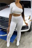 White Sexy Casual Patchwork Backless One Shoulder Short Sleeve Two Pieces
