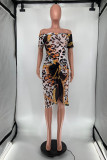 Yellow Fashion Sexy Print Leopard See-through Off the Shoulder Short Sleeve Two Pieces