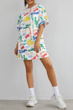 White Casual Print Patchwork O Neck Straight Dresses