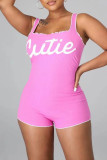 Pink Fashion Casual Letter Print Backless Square Collar Skinny Romper