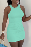 Pink Casual Solid Patchwork O Neck Pencil Skirt Dresses