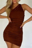 Brown Fashion Sexy Solid Fold One Shoulder Sleeveless Dress