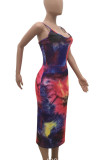 Red Sexy Print Tie Dye Patchwork Spaghetti Strap Pencil Skirt Dresses