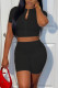 Black Casual Solid Patchwork Cardigan Zipper O Neck Short Sleeve Two Pieces