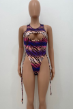 Gradient Color Sexy Print Hollowed Out Patchwork Draw String Swimwears