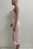 Pink Sexy Solid High Opening Spaghetti Strap Pencil Skirt Dresses