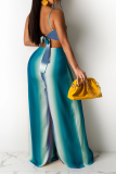 Turquoise Sexy Striped Patchwork Spaghetti Strap Sleeveless Two Pieces