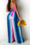 Turquoise Sexy Striped Patchwork Spaghetti Strap Sleeveless Two Pieces