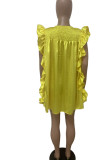 Yellow Casual Solid Split Joint Flounce Fold O Neck Tops