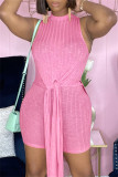 Pink Fashion Casual Solid Slit O Neck Sleeveless Two Pieces