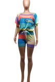 Pink Casual Letter Striped Print Patchwork O Neck Short Sleeve Two Pieces