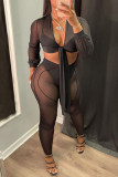 Black Fashion Sexy Solid Split Joint See-through V Neck Long Sleeve Two Pieces