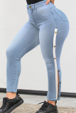 Black Casual Solid Buckle Plus Size Jeans