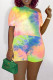 Colour Fashion Casual Tie Dye Printing Oblique Collar Short Sleeve Two Pieces