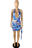 Light Blue Fashion Sexy Print Hollowed Out Fold Halter Sleeveless Dress