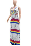 White Sexy Striped Print Polka Dot V Neck A Line Dresses