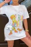 White Fashion Casual Print Slit O Neck Short Sleeve T-shirt Dress