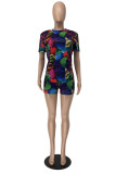 Multicolor Fashion Casual Print Basic O Neck Short Sleeve Two Pieces