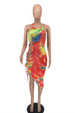 Multicolor Fashion Sexy Print Hollowed Out Frenulum O Neck Irregular Dress