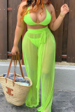 Fluorescent Green Sexy Solid Patchwork Mesh Swimwears