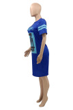 Blue Fashion Casual Print Basic O Neck Short Sleeve Dress