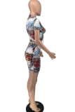 Black Sexy Print Hollowed Out Short Sleeve Two Pieces