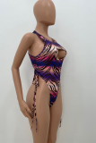 Gradient Color Sexy Print Hollowed Out Patchwork Draw String Swimwears