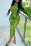 Fluorescent Green Sexy Solid Hollowed Out O Neck Pencil Skirt Dresses