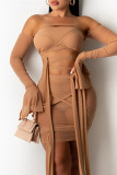 Khaki Fashion Sexy Solid Patchwork See-through Backless Off the Shoulder Long Sleeve Two Pieces