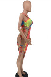Multicolor Fashion Sexy Print Hollowed Out Frenulum O Neck Irregular Dress